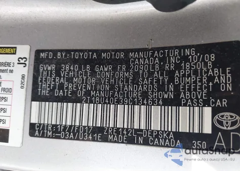 2009 Toyota Corolla S z USA, uszkodzony, nr VIN 2T1BU40E39C134634